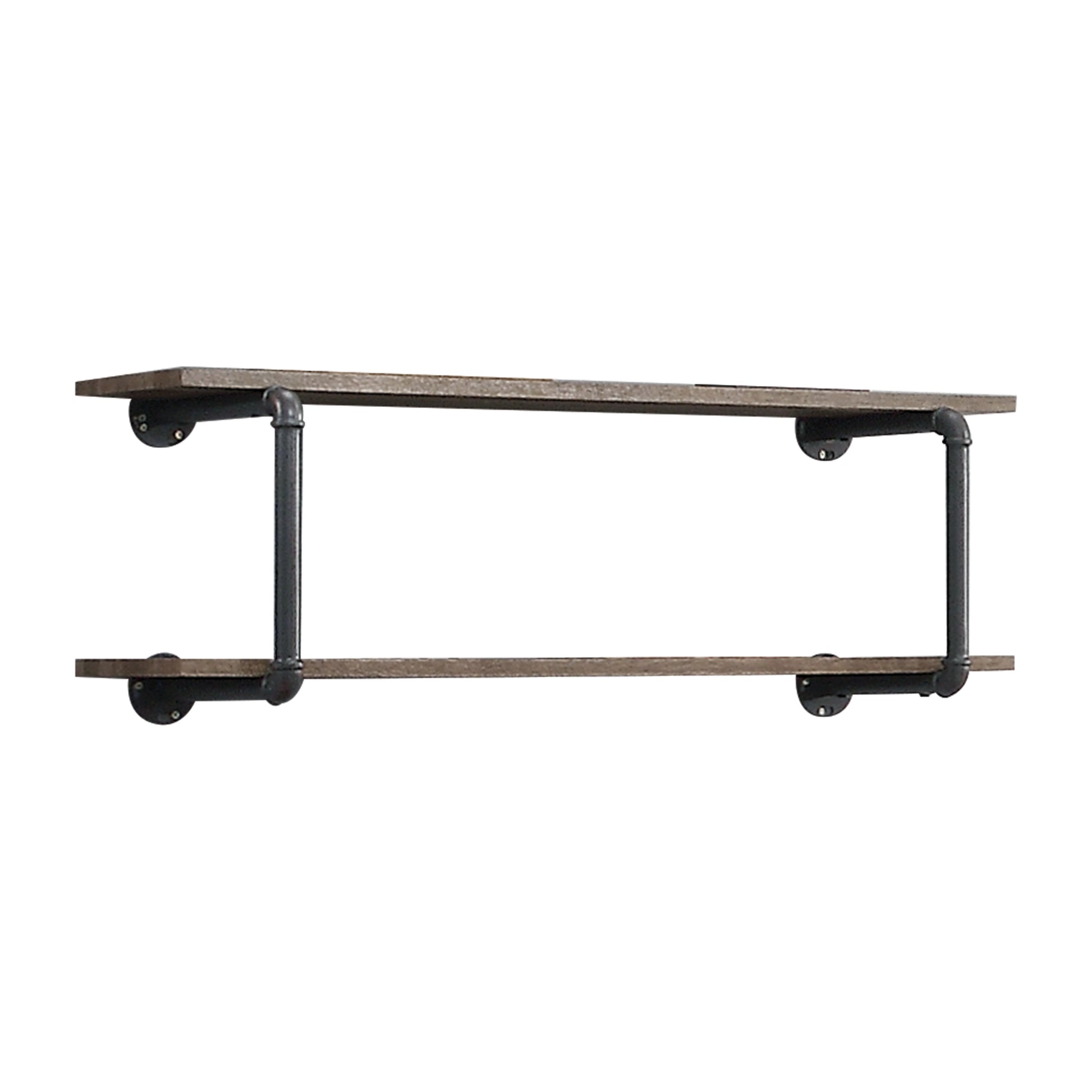 Rustic industrial pipe shelf with two distressed wood planks