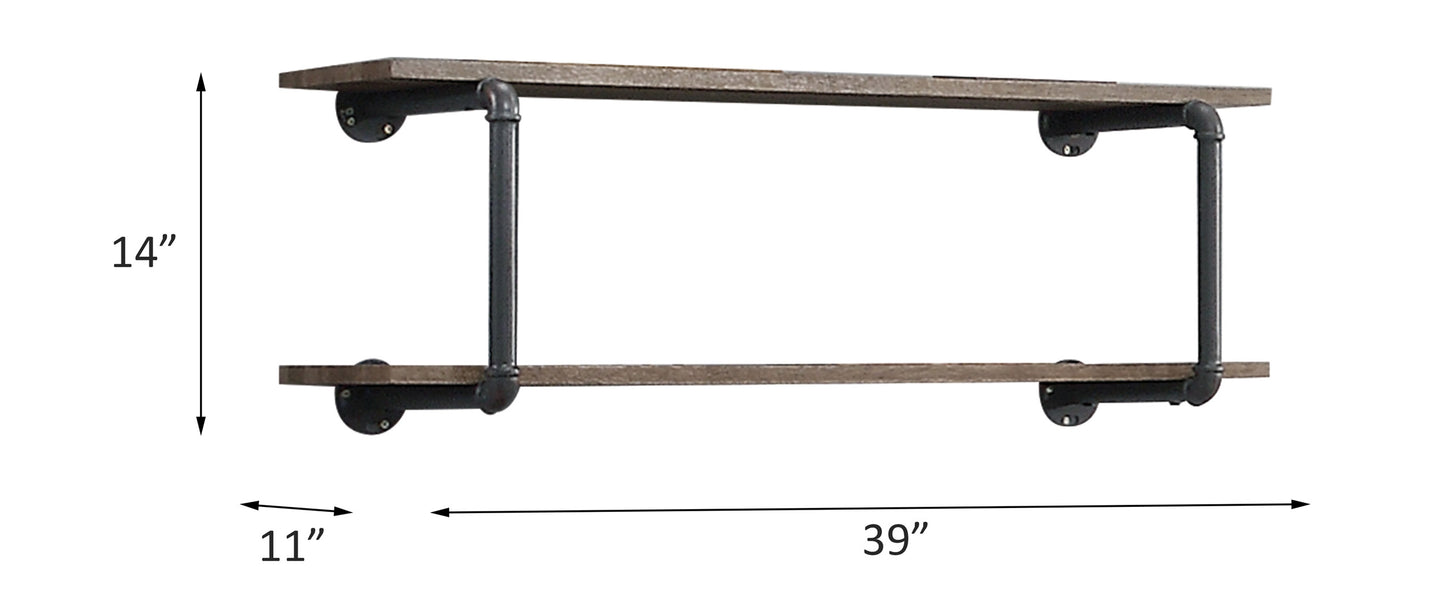 Rustic twotier pipe shelf with distressed wood planks and black metal pipes