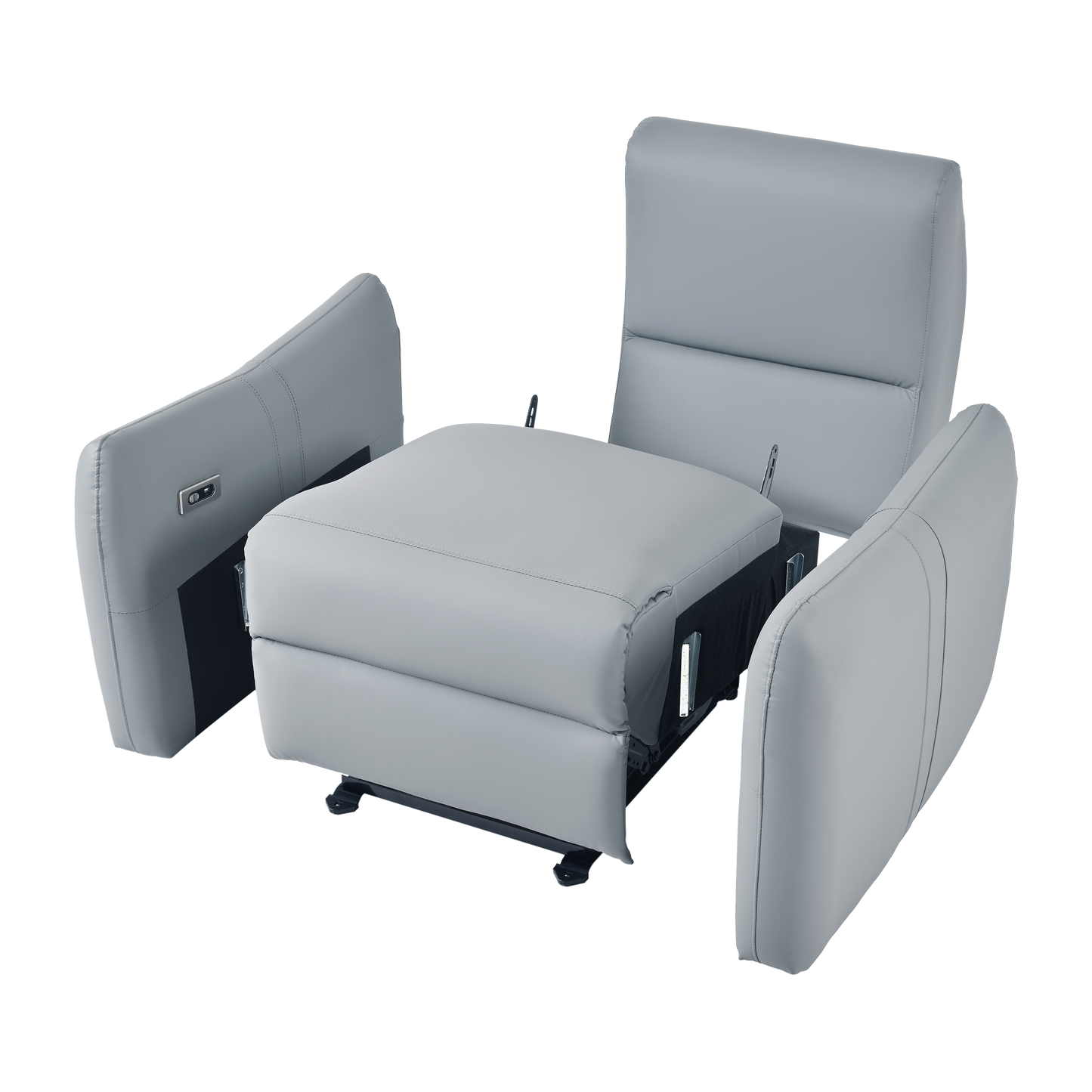 Modern grey faux leather recliner chair with power controls on armrest