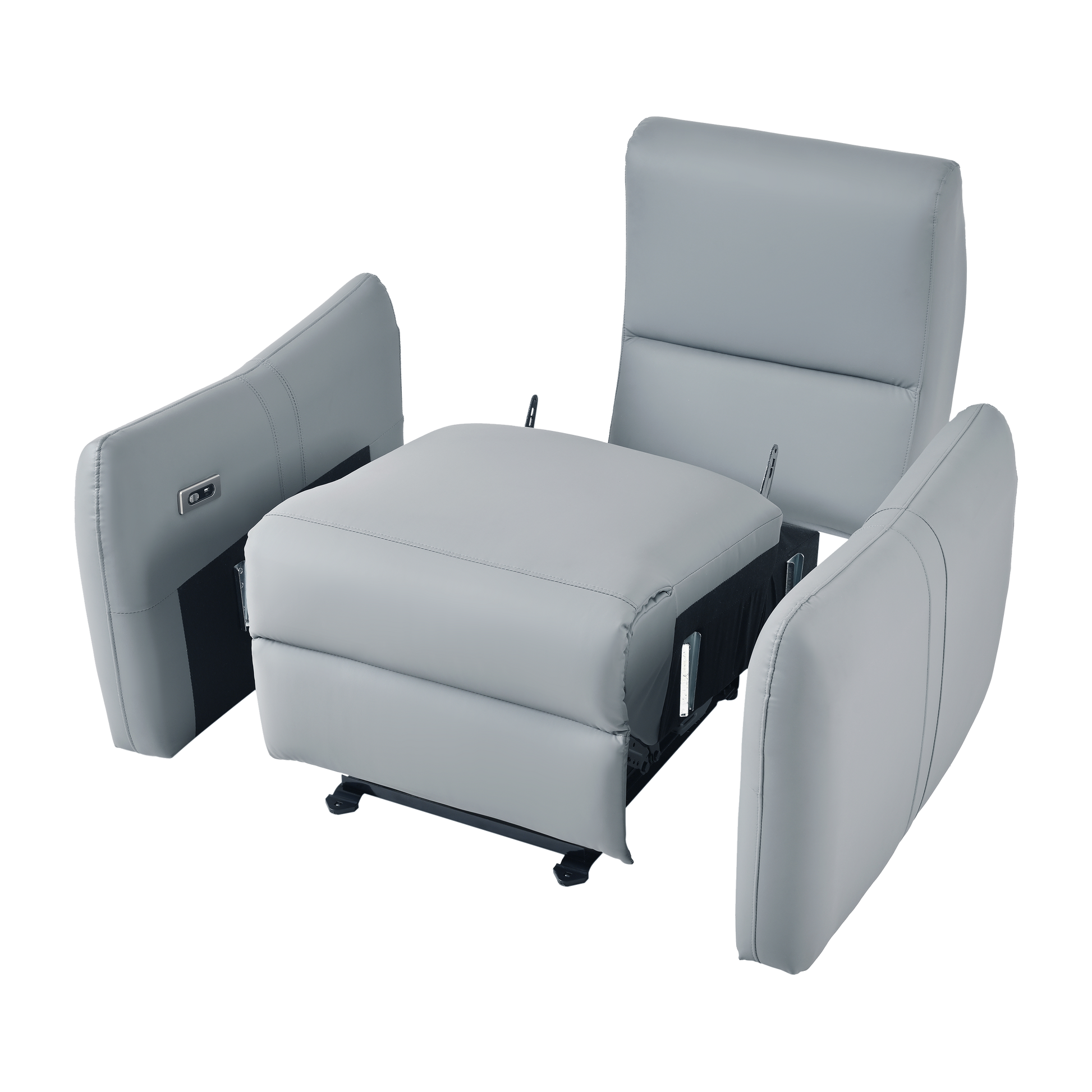 Modern grey faux leather recliner chair with power controls on armrest