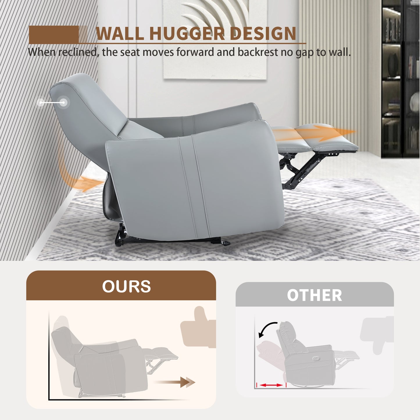 Grey leather wall hugger recliner sofa with forwardmoving seat for compact spaces
