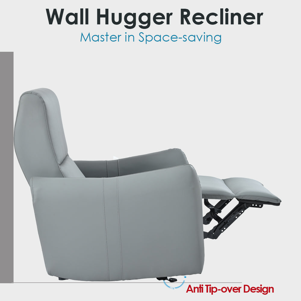 Grey leather wall hugger recliner chair in reclined position