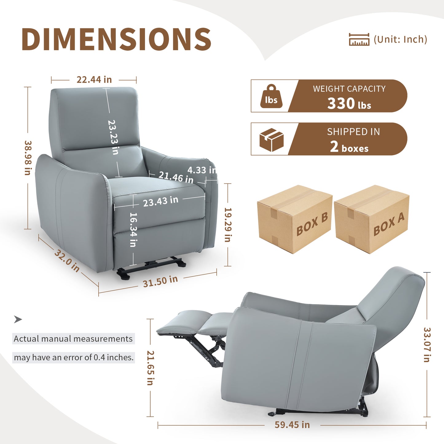 Gray leather recliner chair with detailed dimensions width in depth in height in seat width in