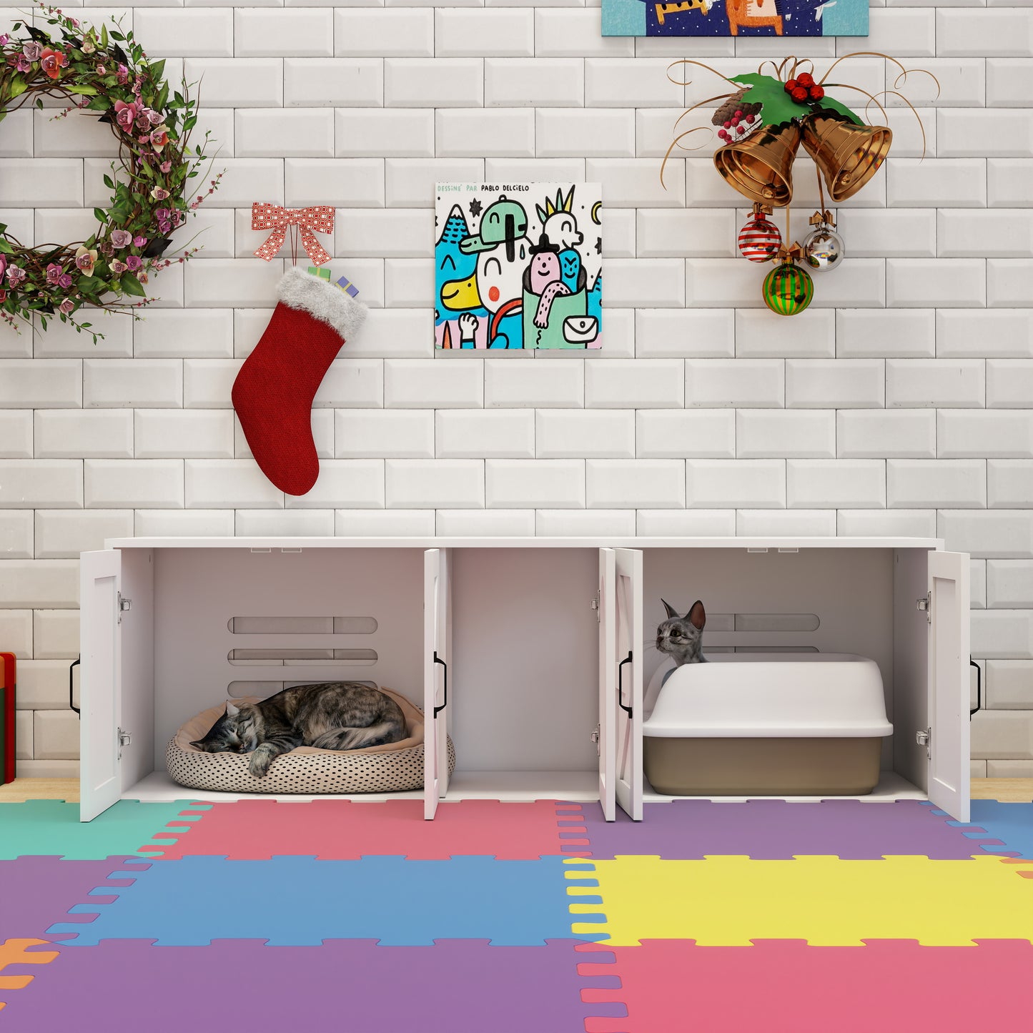 White wooden cat litter box enclosure with a grey tabby cat peeking out of an open door
