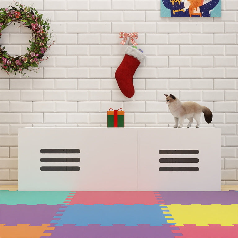 Ragdoll cat standing on a white radiator cover with Christmas stocking and gift