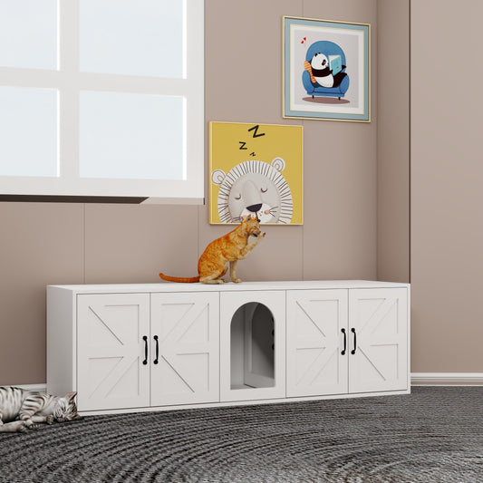 White farmhouse barn door cat litter box enclosure with arched entrance