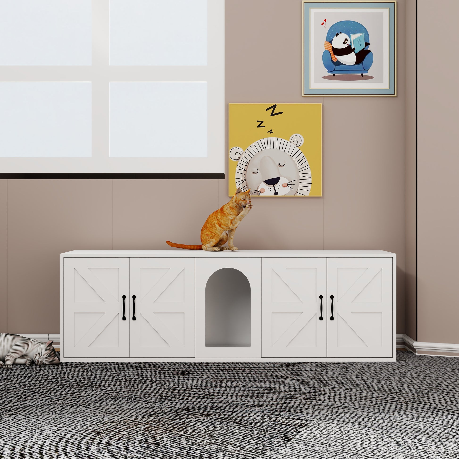 White farmhouse cat condo with arched doorway suitable for indoor pets