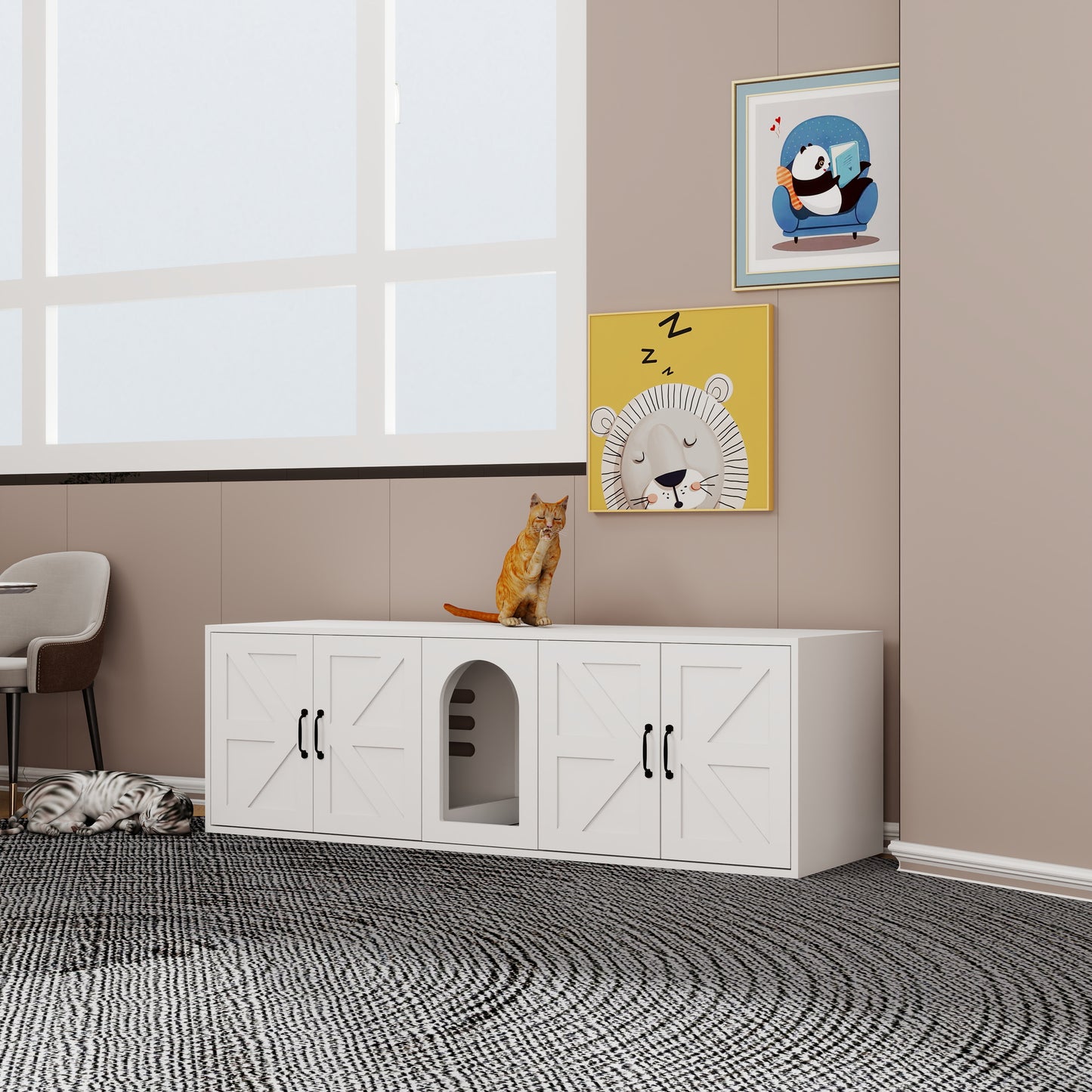 White farmhouse style cat litter box enclosure with arched entry and black hardware