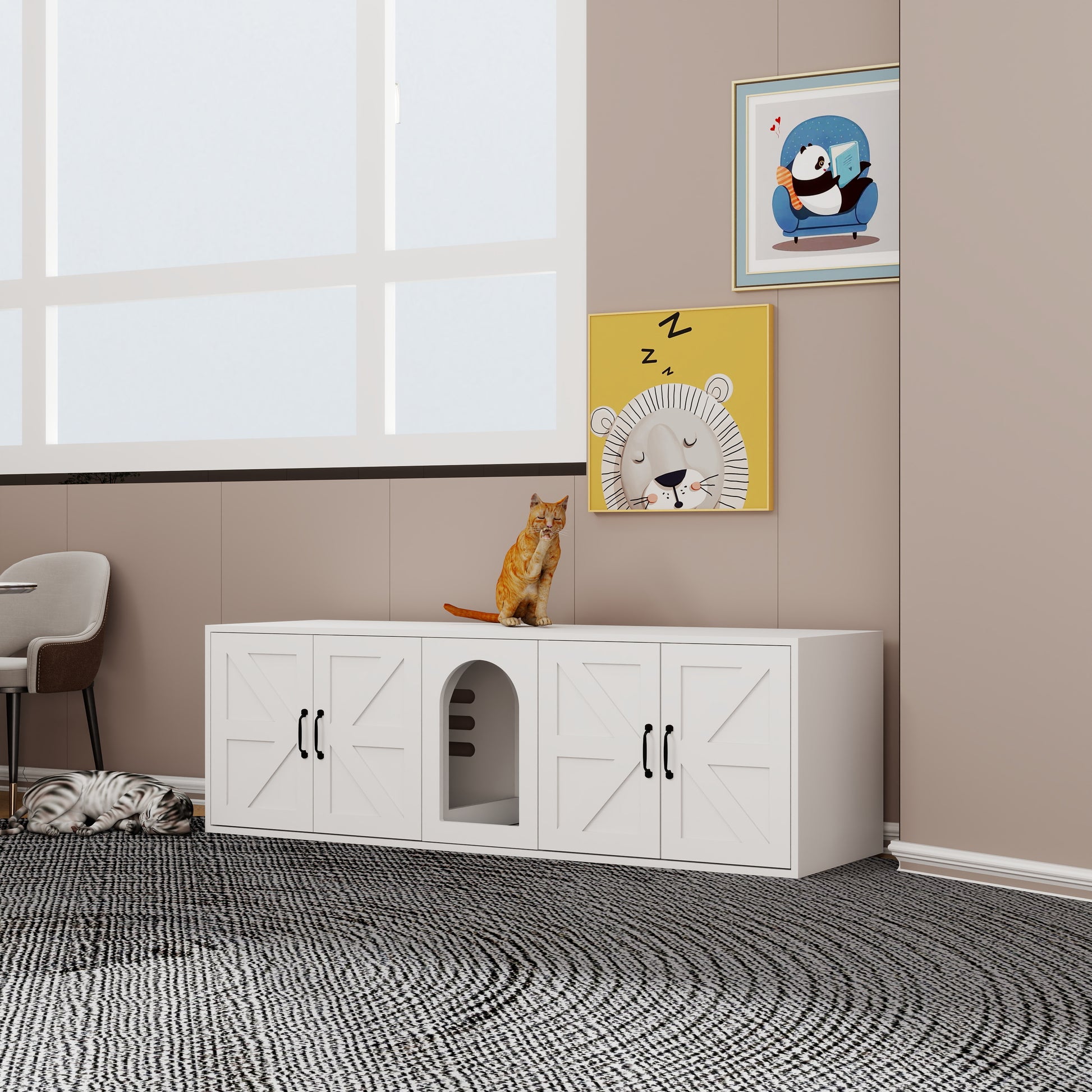 White farmhouse style cat litter box enclosure with arched entry and black hardware