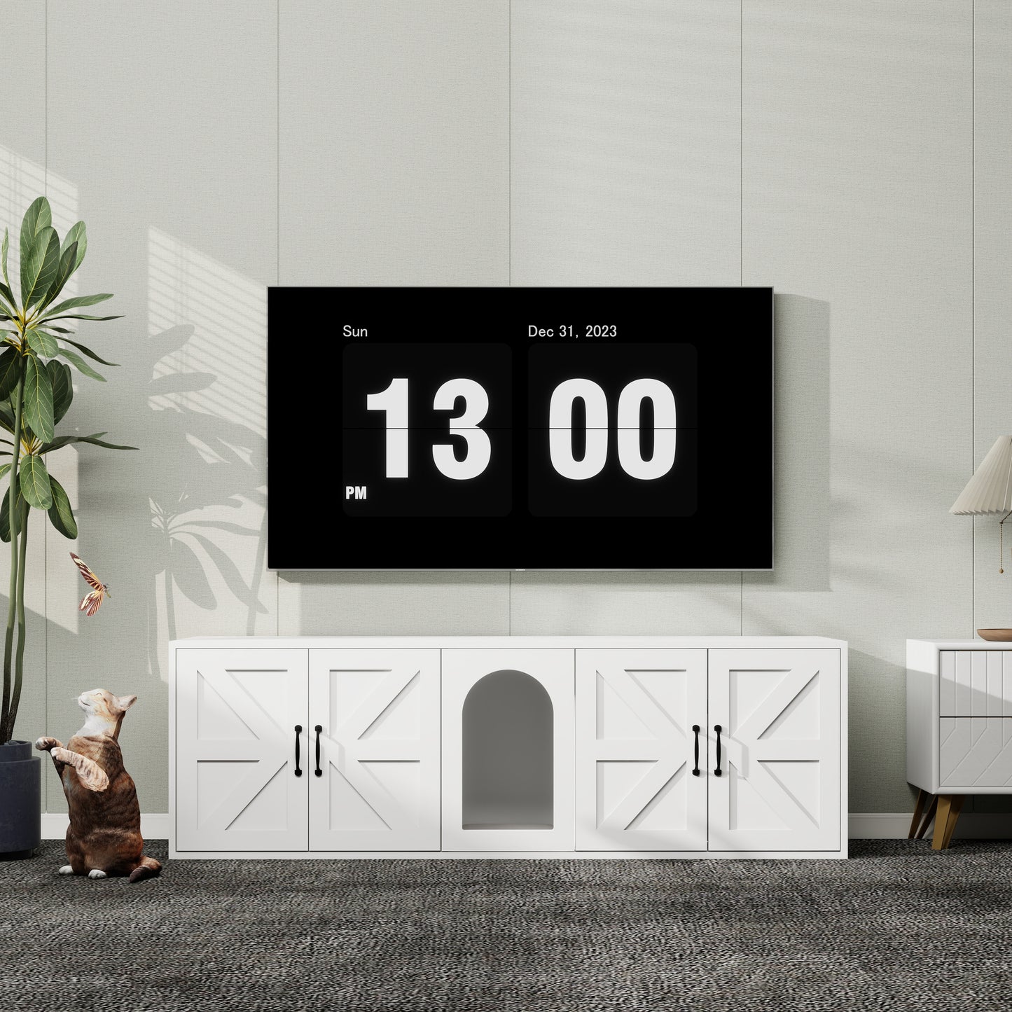 White barn door media console with arched pet nook and black hardware ideal for living rooms