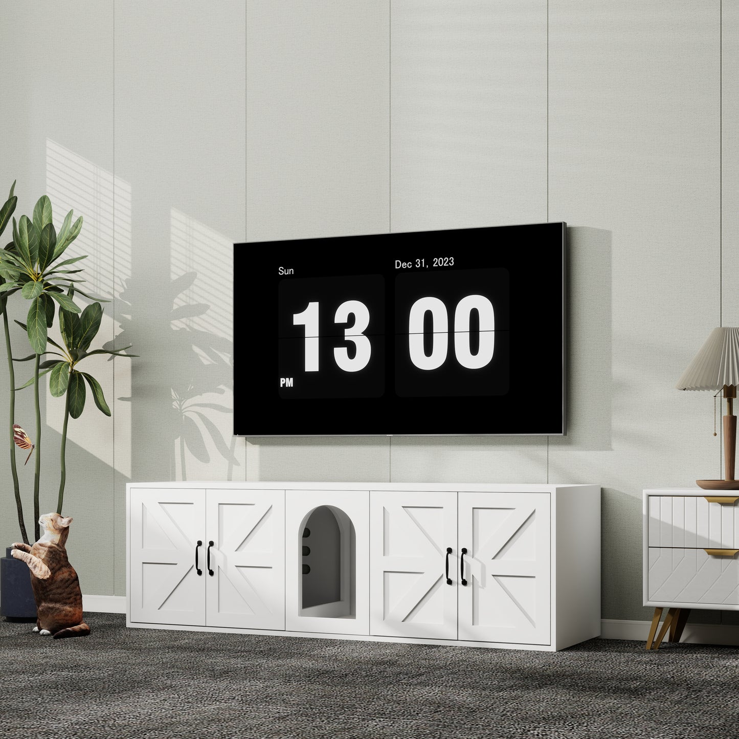 White barn door media console with arched cutout  characters