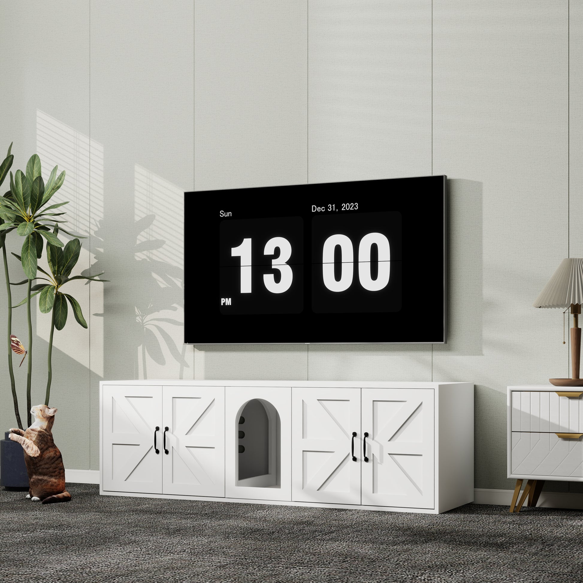 White barn door media console with arched cutout  characters