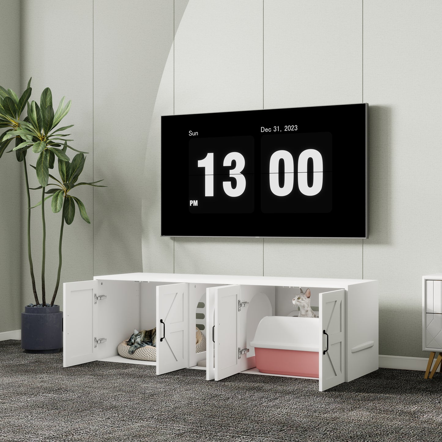 Modern white furniture cabinet with hidden litter box and cozy pet beds