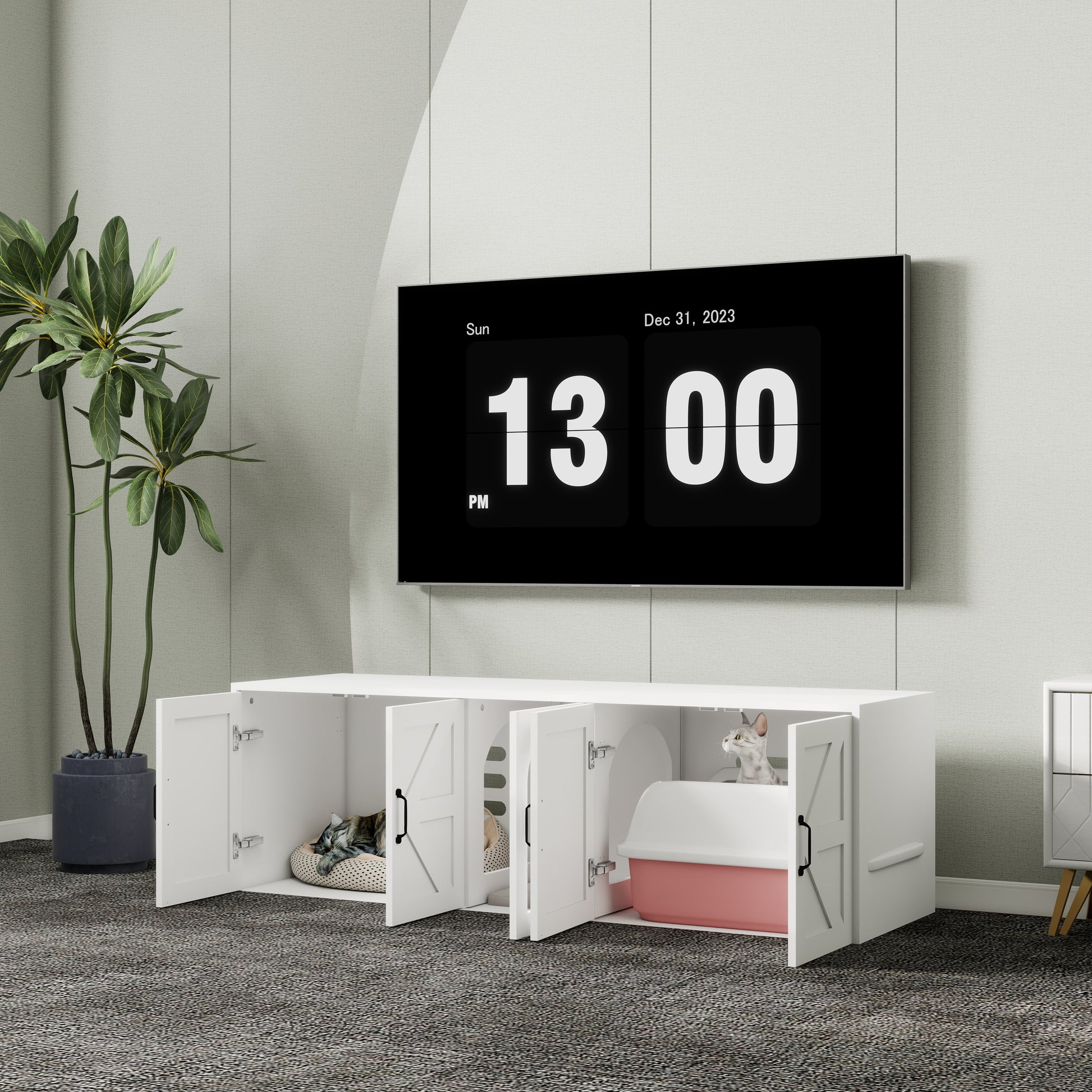 Modern white furniture cabinet with hidden litter box and cozy pet beds