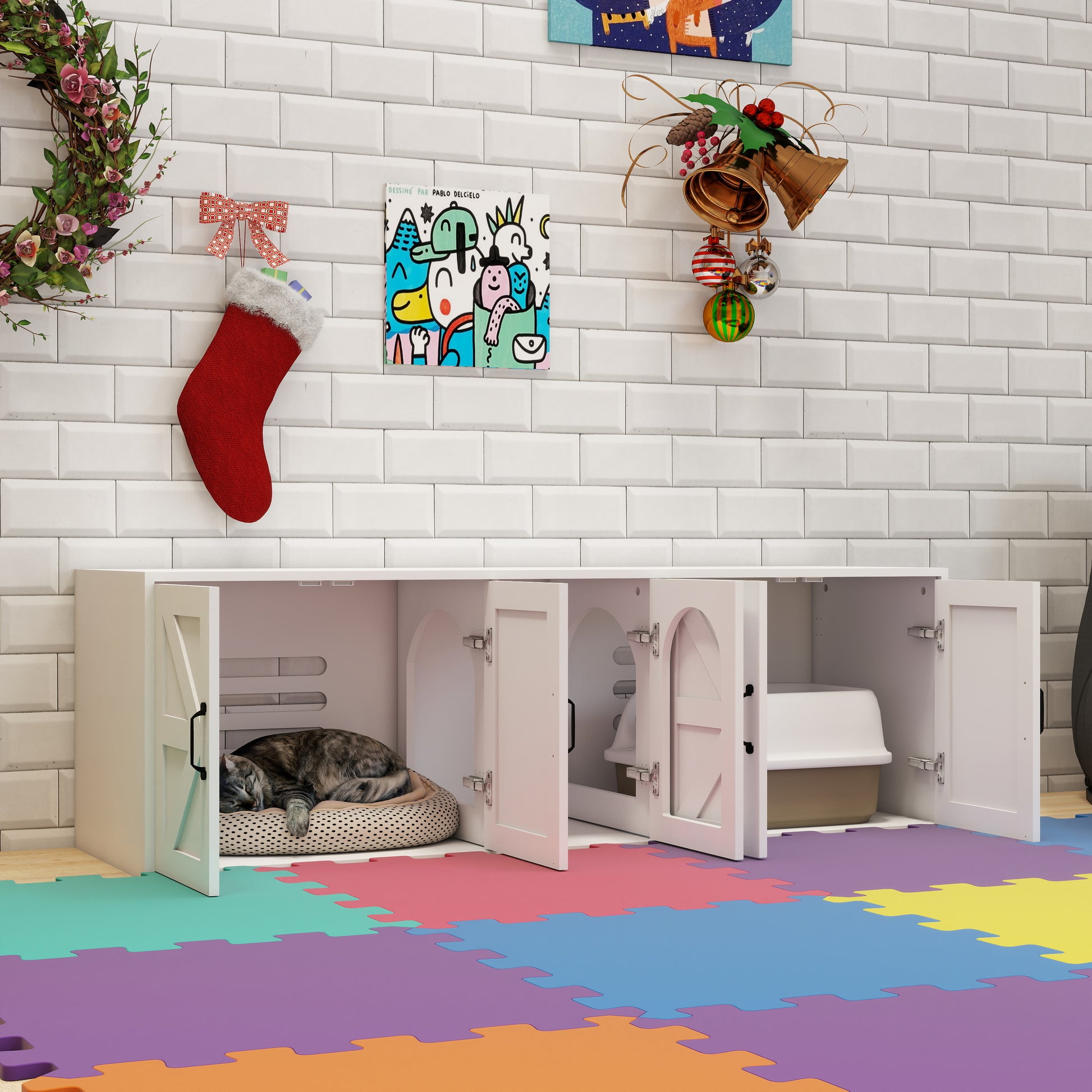 White wooden multicompartment cat litter box enclosure with a sleeping cat