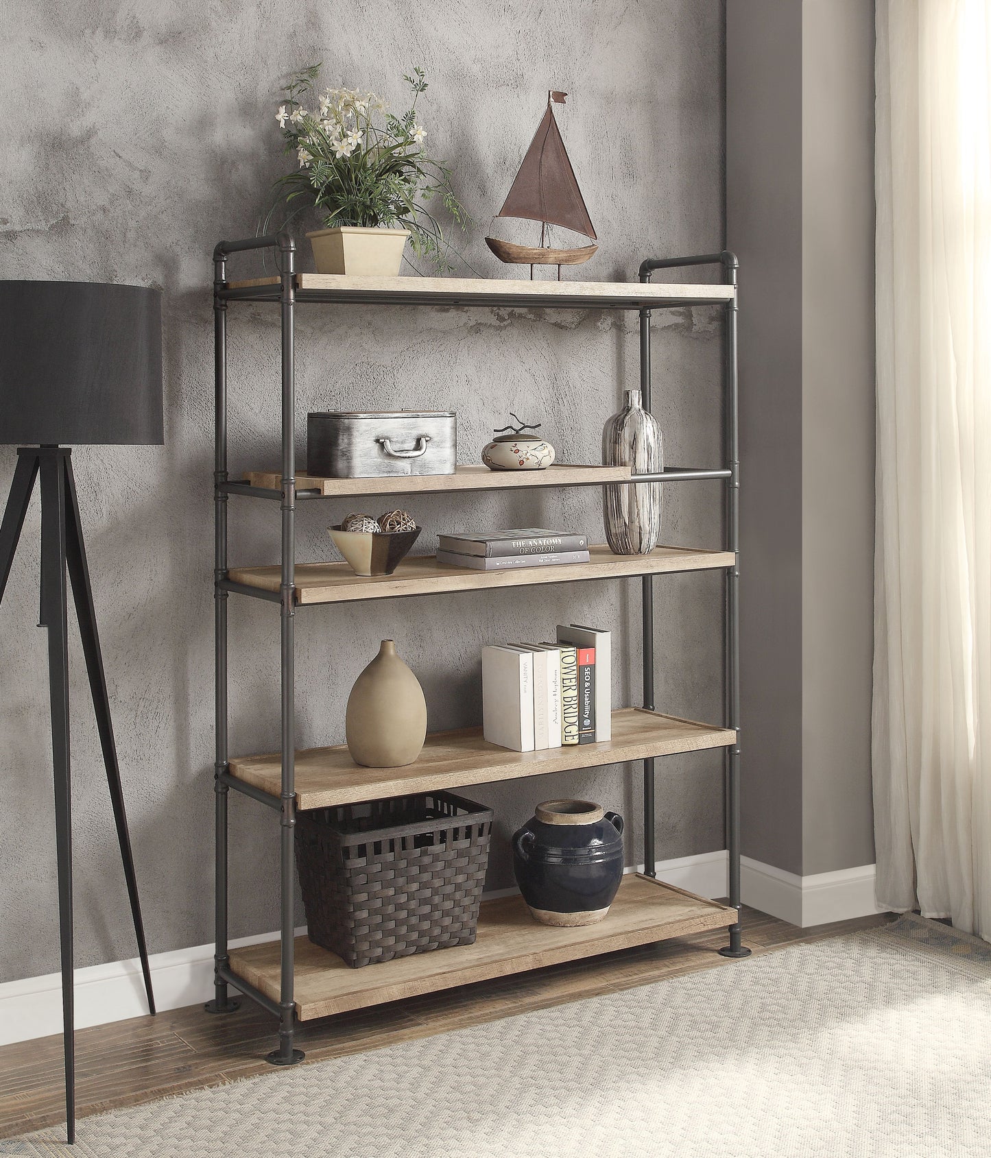 Rustic industrial pipe bookshelf with natural wood shelves