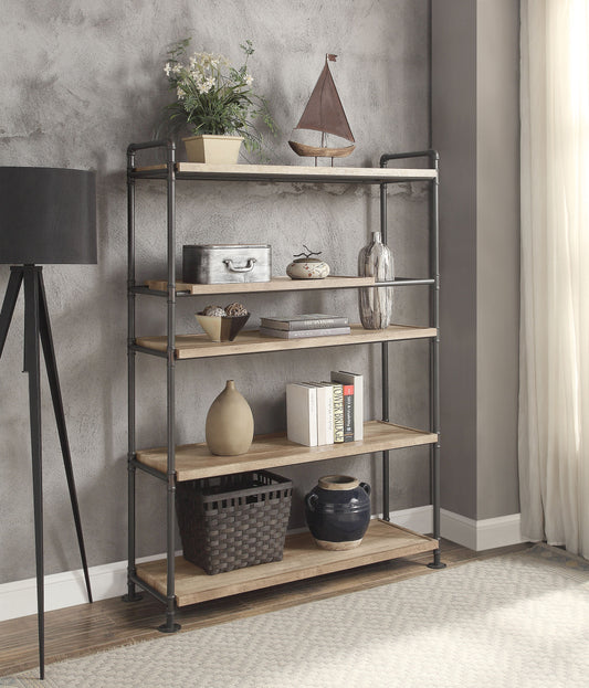 Rustic industrial pipe bookshelf with natural wood shelves