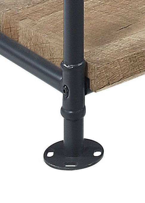 Rustic wood shelf with industrial pipe leg detail
