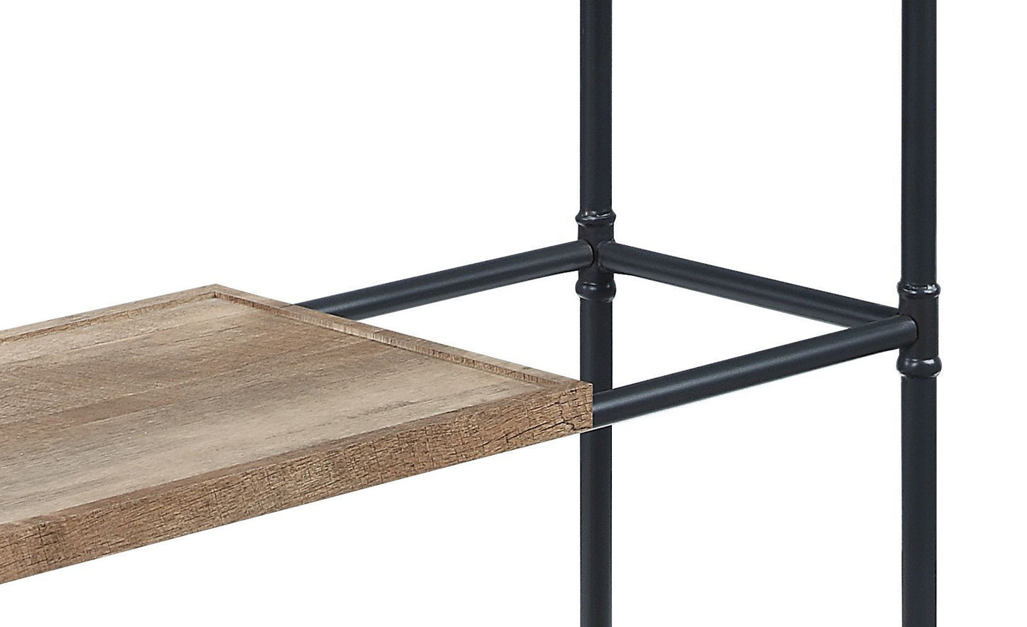 Rustic wood shelf with black industrial pipe framing