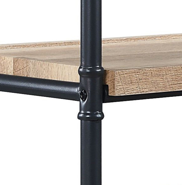 Close up of pipe shelving with rustic wood planks