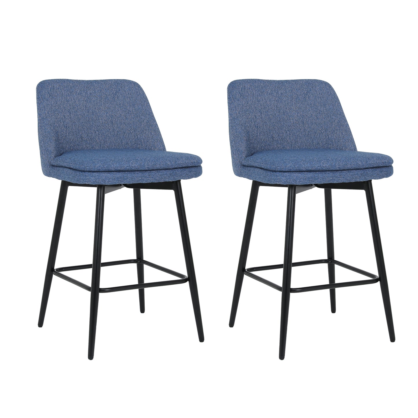 Two blue fabric upholstered bar stools with black metal legs ideal for a modern kitchen island