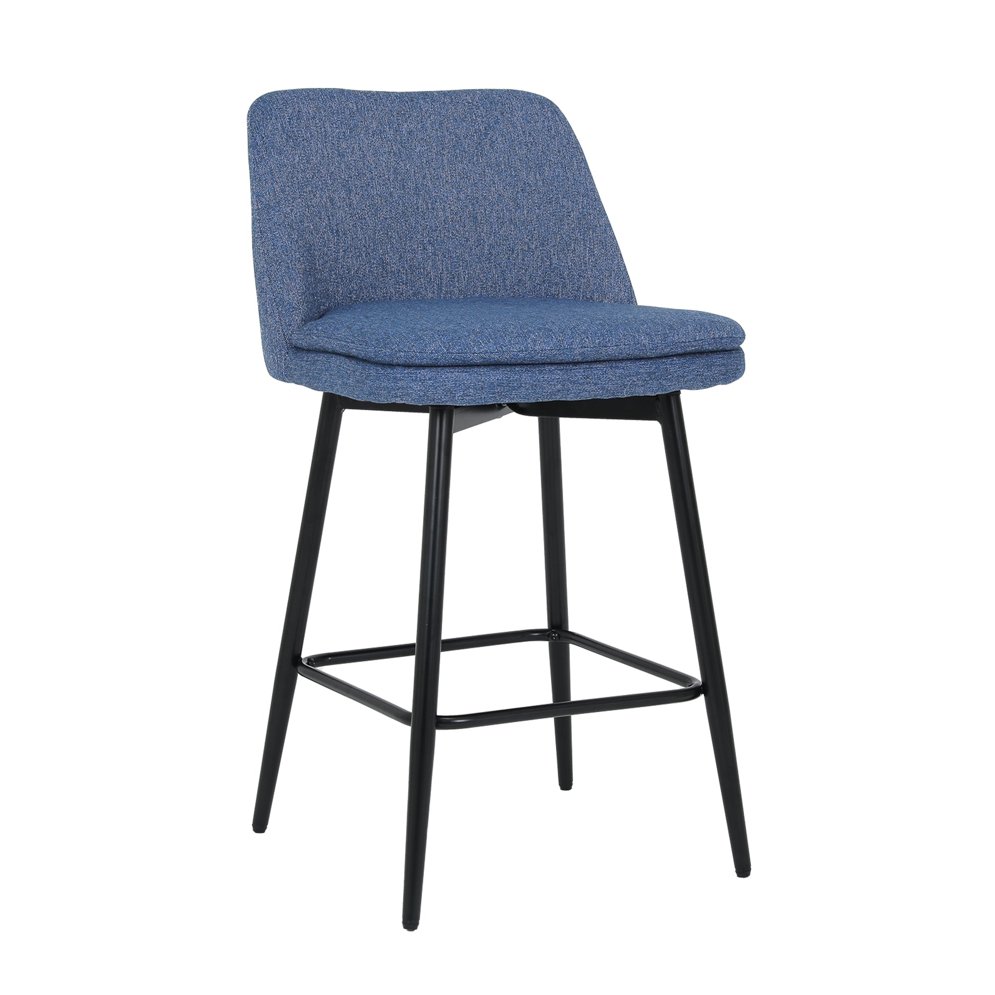 Textured blue fabric upholstered bar stool with black metal legs