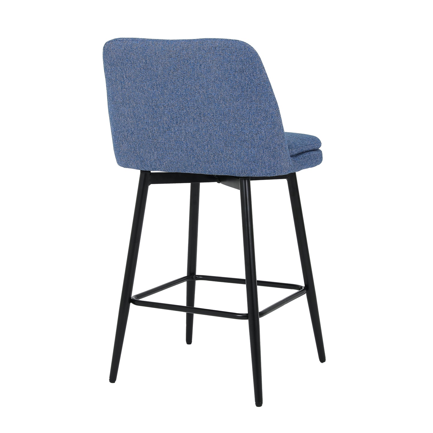Blue upholstered bar stool with black metal legs