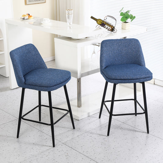 Two blue upholstered counter stools with black metal legs at a white counter