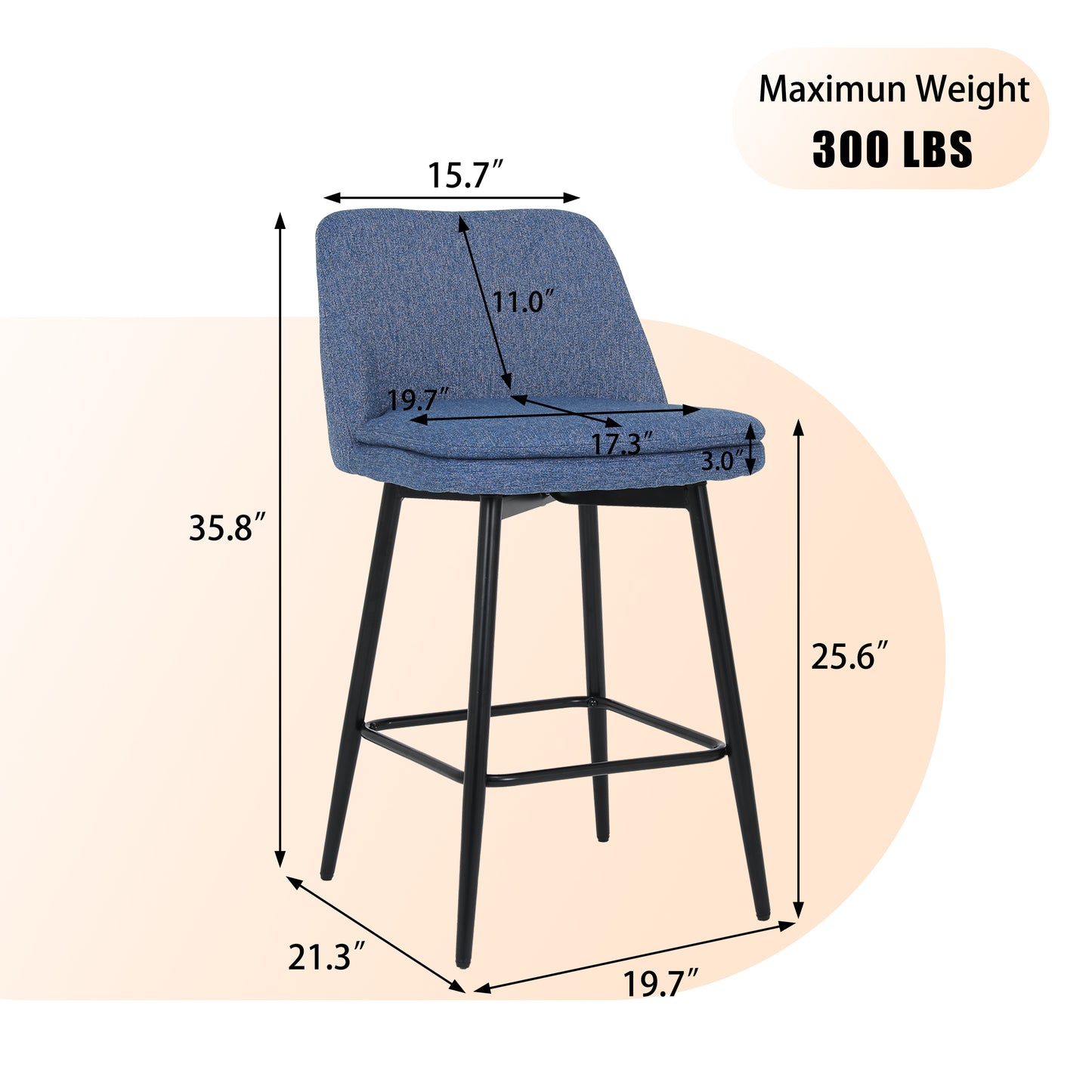Blue upholstered bar stool with black metal legs and supportive footrest