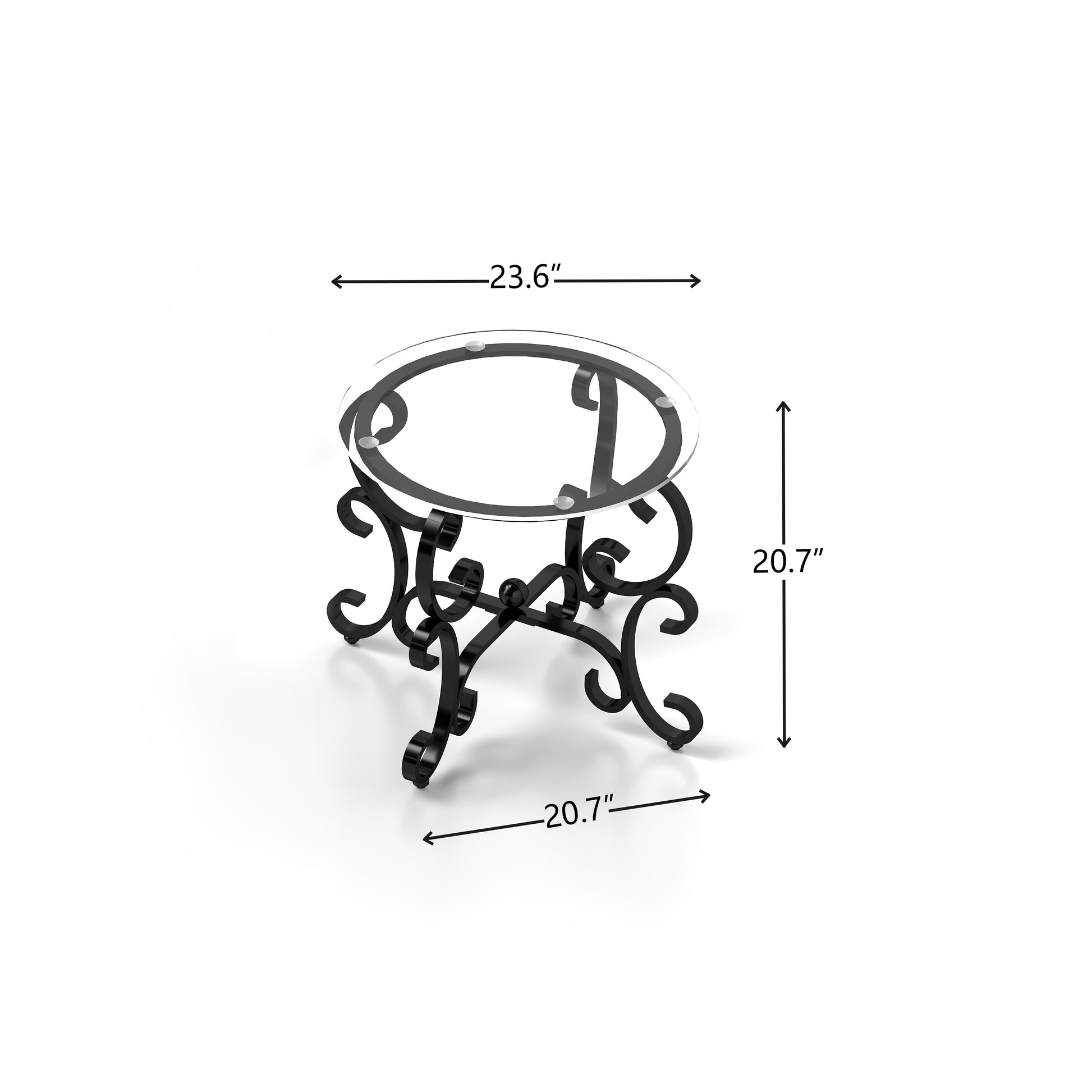 Black wrought iron accent table with round glass top and ornate legs