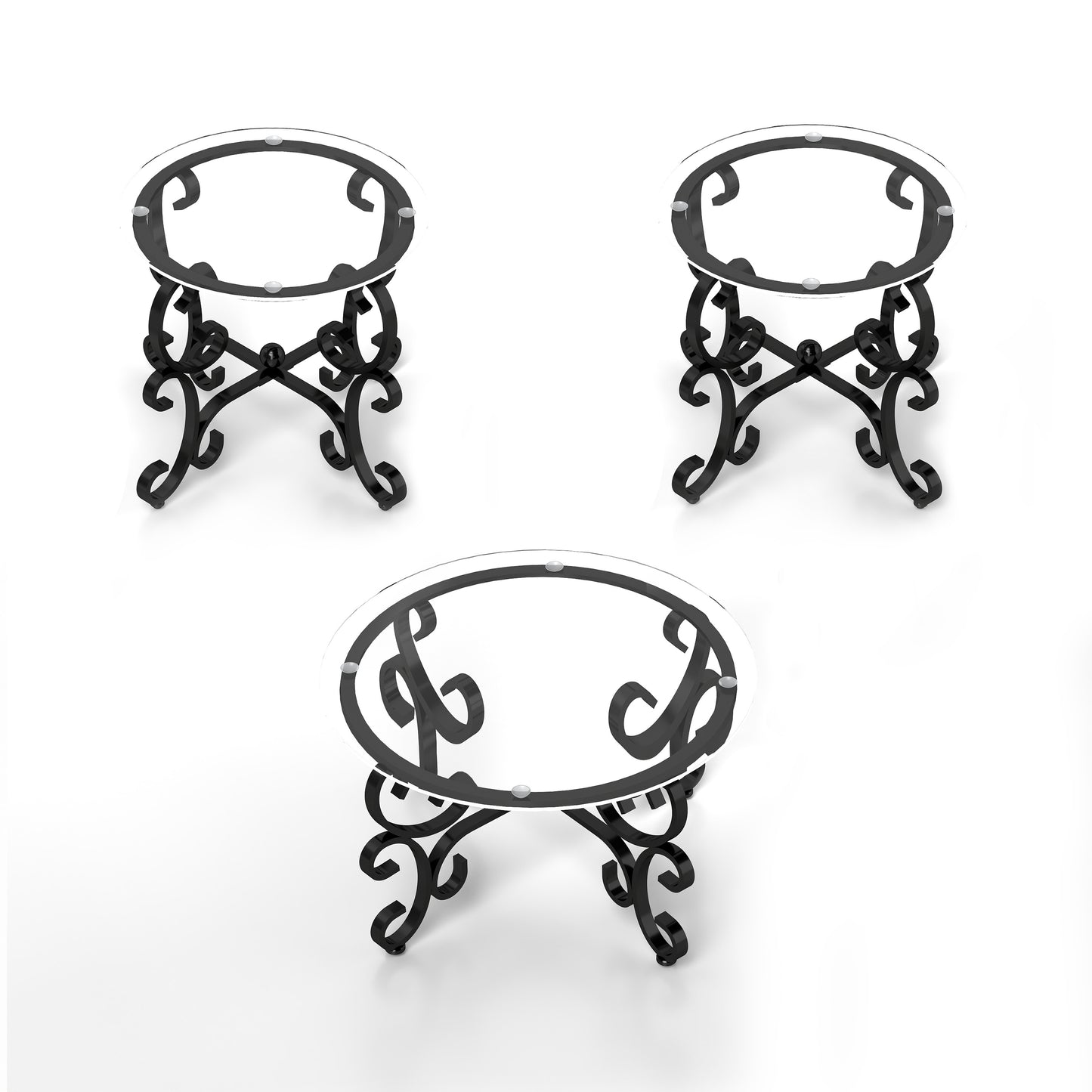 Elegant oval glass plant stand with ornate black metal scrollwork base