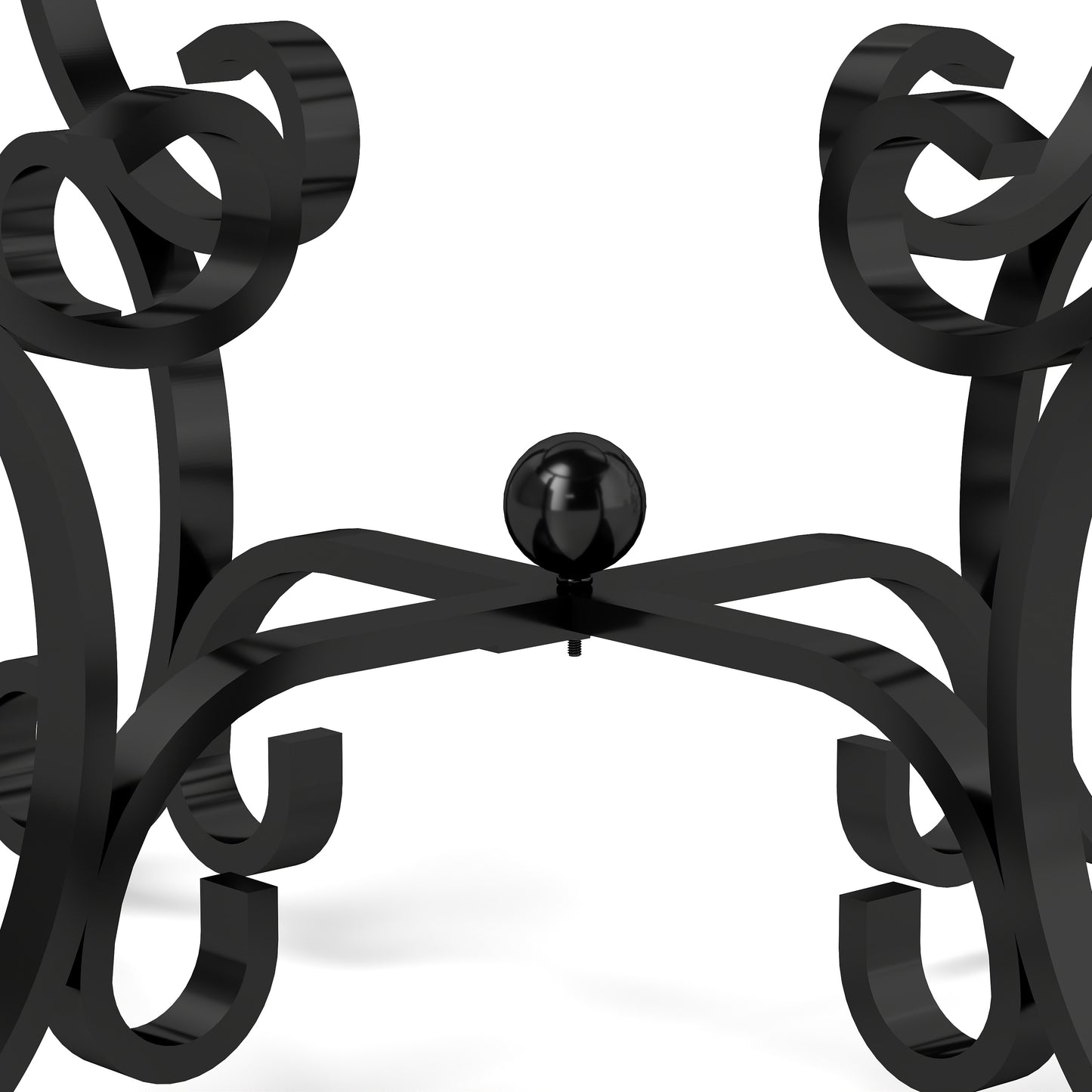 Black ornate wrought iron scrollwork with a central finial for fireplace screens