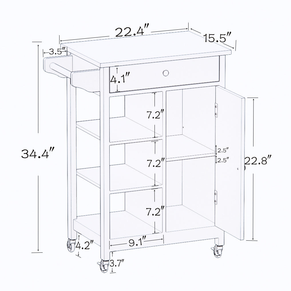 Detailed technical drawing of a rolling kitchen cart with dimensions