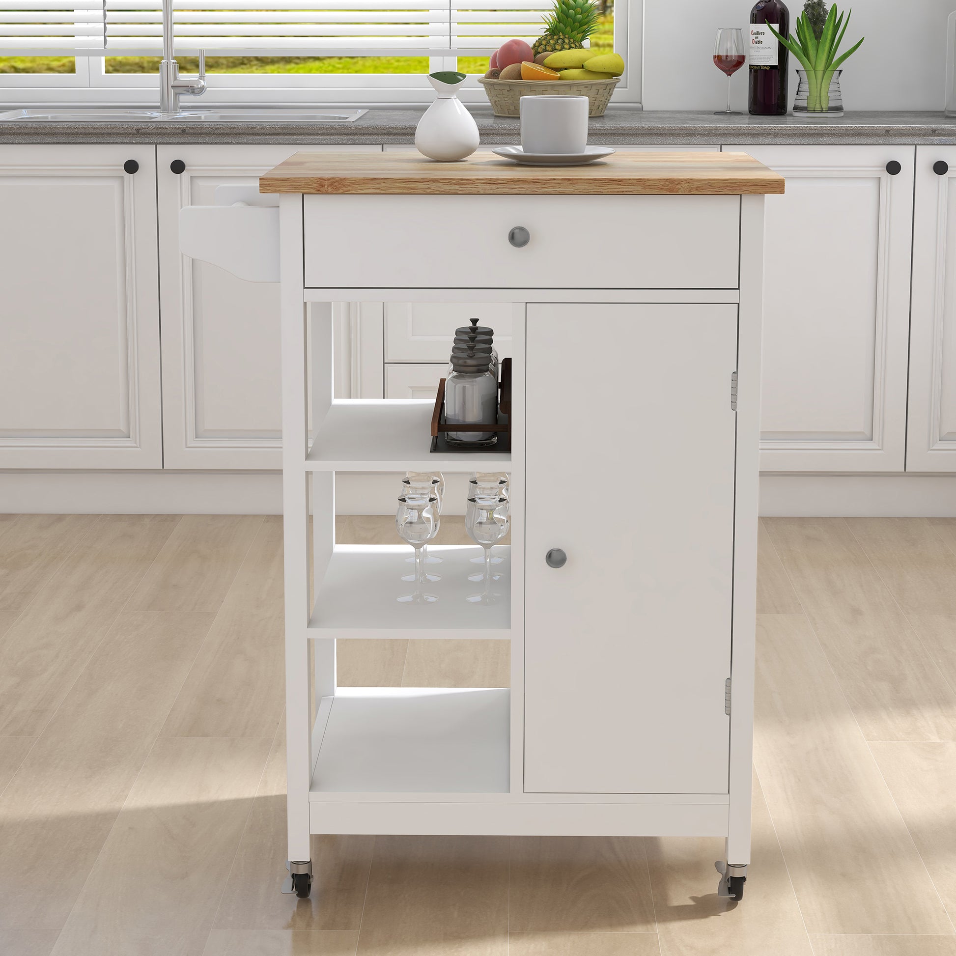 White kitchen cart with wooden top and shelves