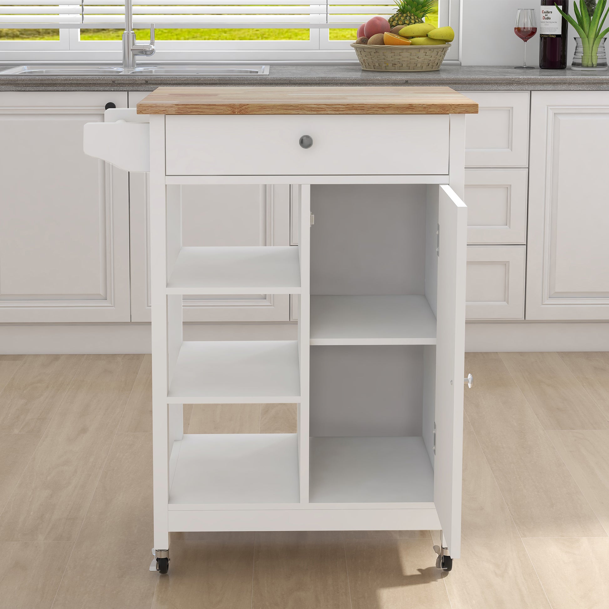 White kitchen cart with butcher block top and open shelves