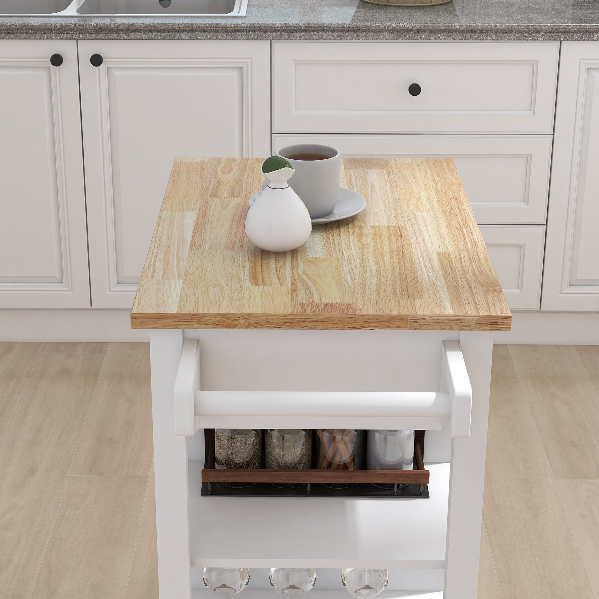 White kitchen island cart with butcher block top and spice rack