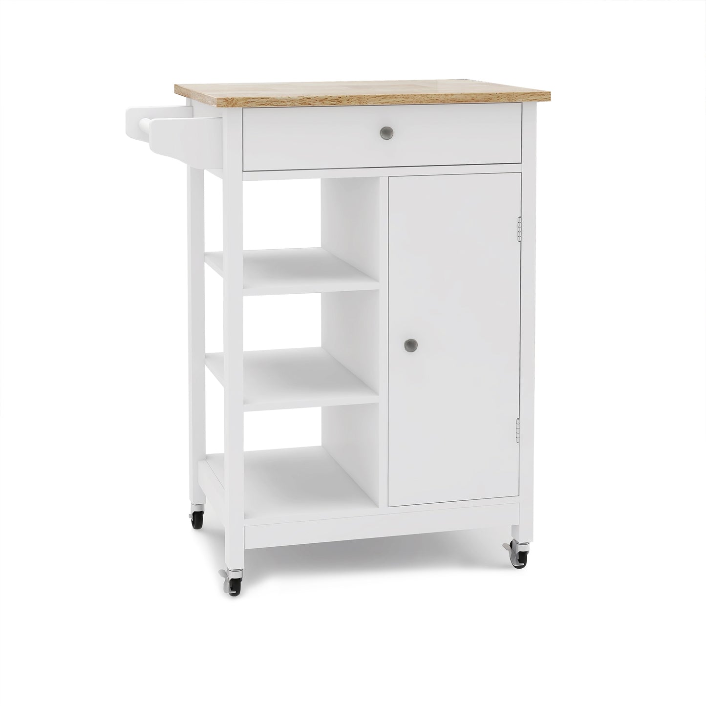 White kitchen cart with wooden top drawer and cabinet on wheels