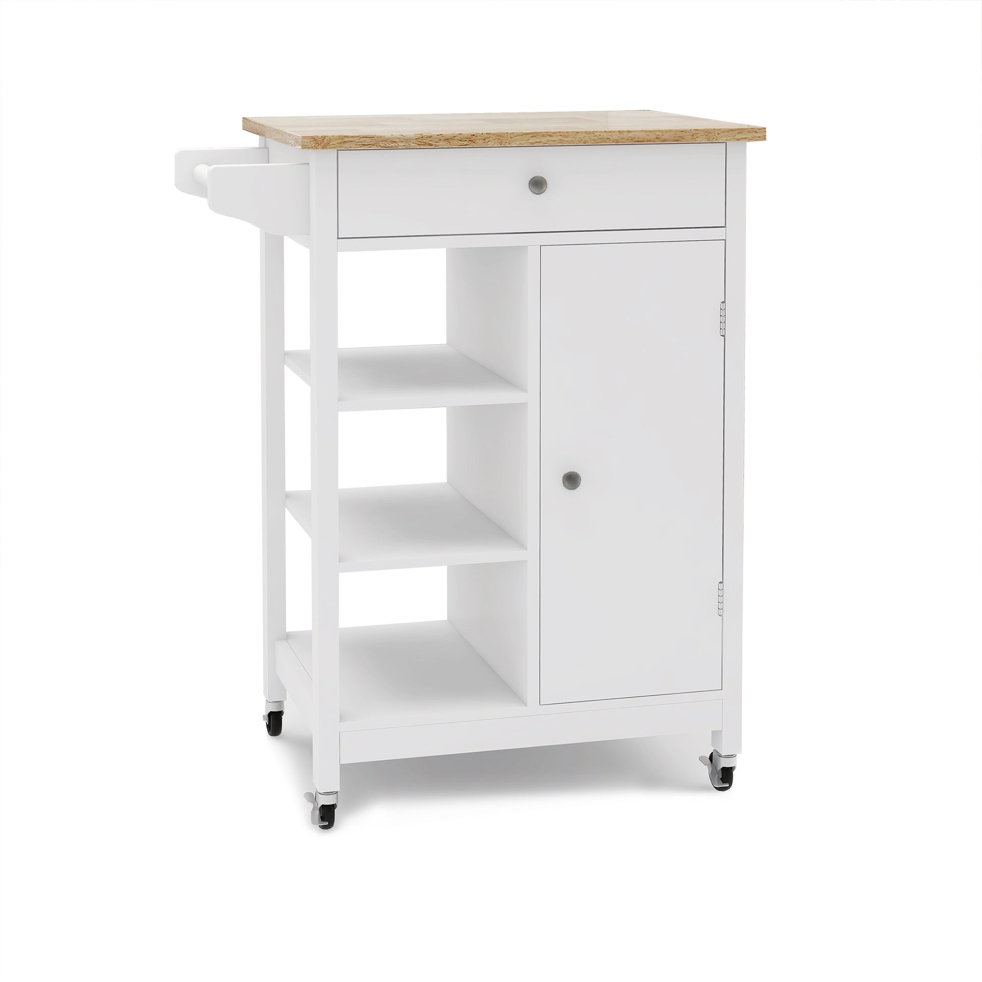 White kitchen cart with wooden top drawer and cabinet on wheels