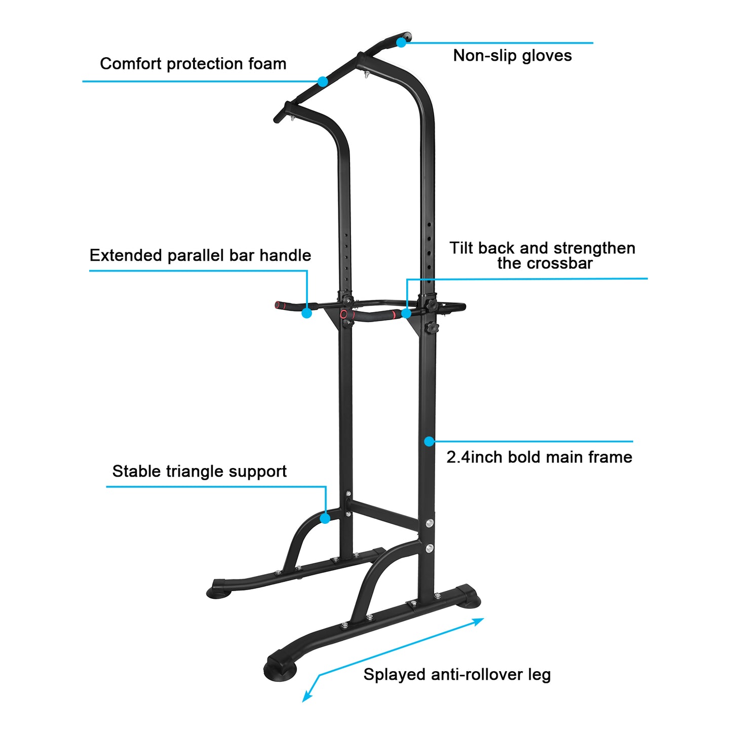 Black pull up station with comfort foam grips and stable triangle support for home workouts