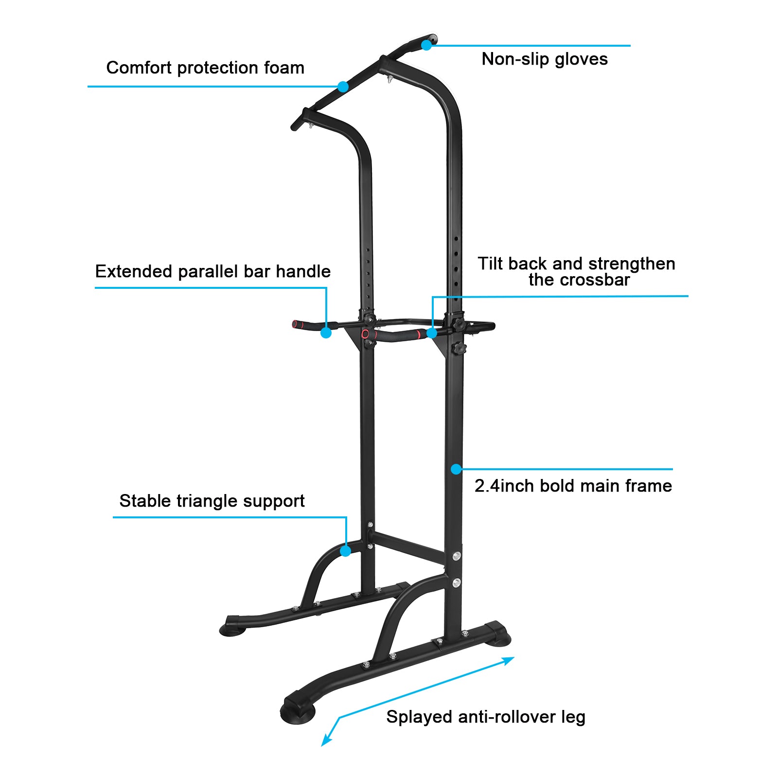 Black pull up station with comfort foam grips and stable triangle support for home workouts