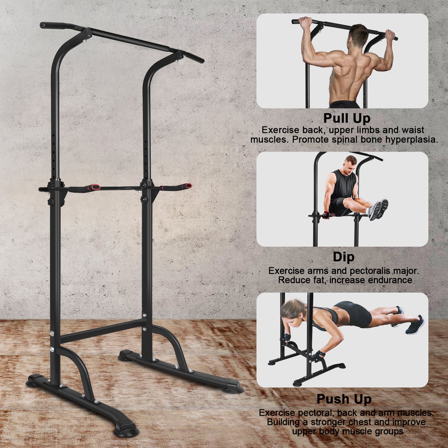 Black steel power tower for home gym pullups and dips