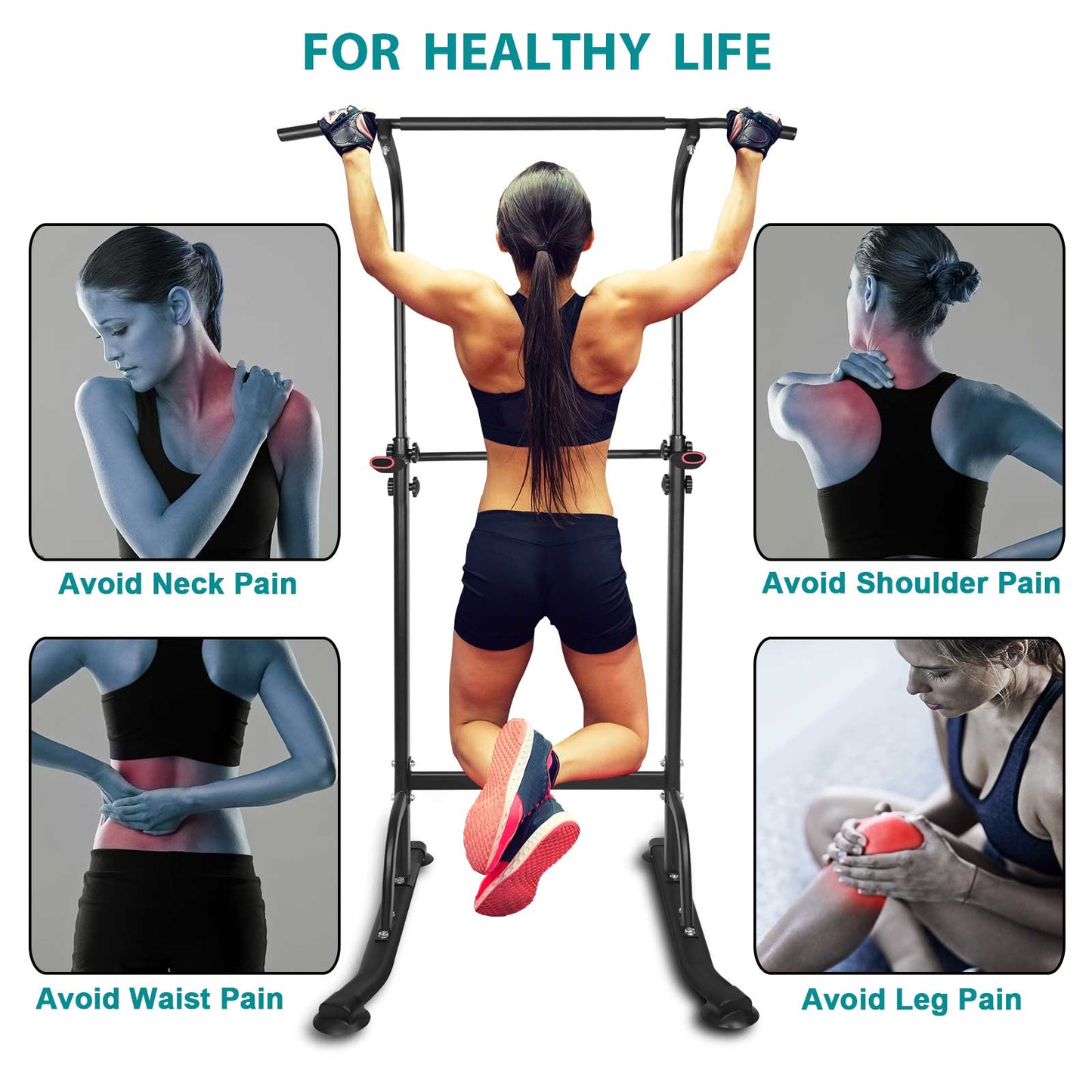 Woman doing pullups on a black pullup station to avoid neck pain