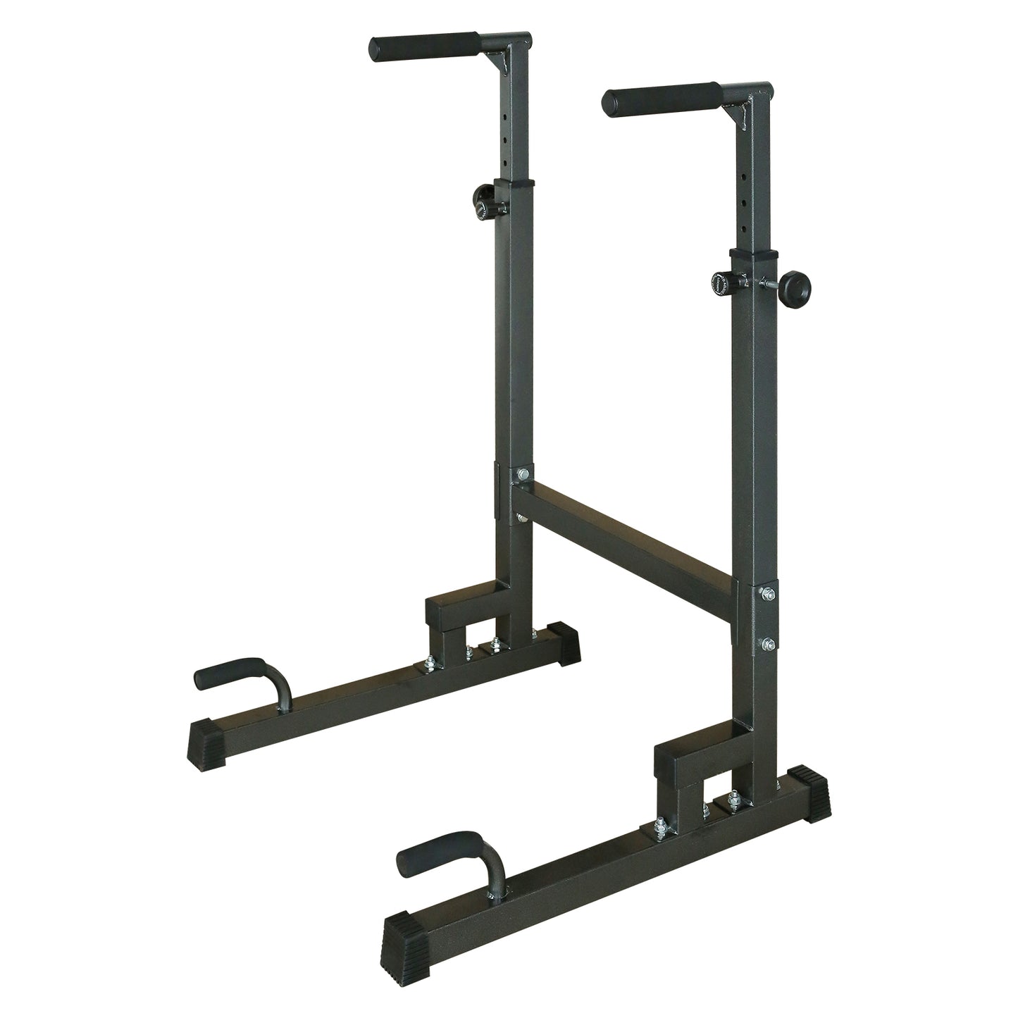 Dark grey adjustable dip station with padded handles for home workouts