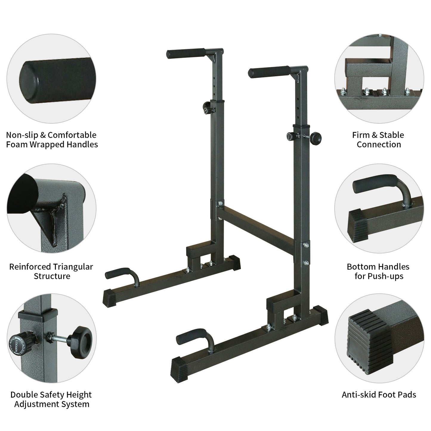 Dark gray pullup bar station with foam grips and adjustable height