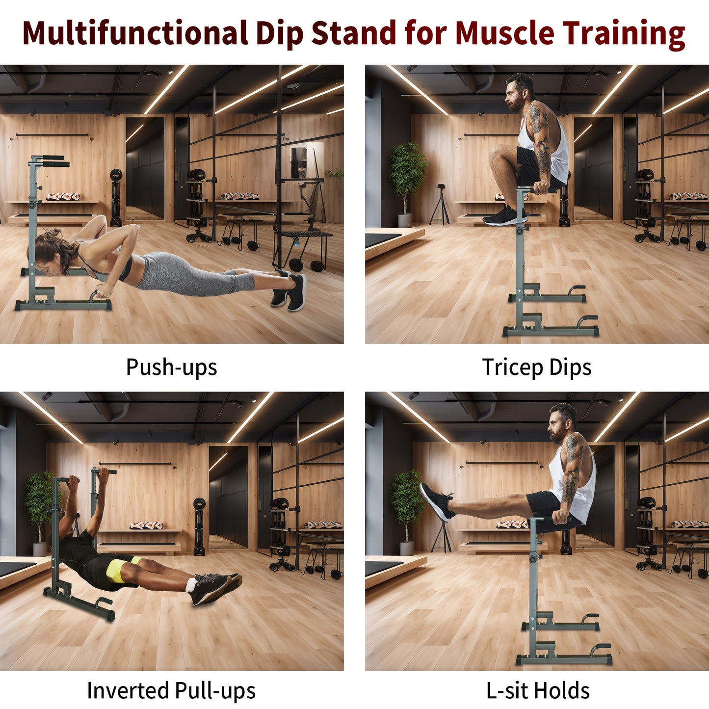 Woman performing pushups on a gray steel multifunctional dip stand in a gym
