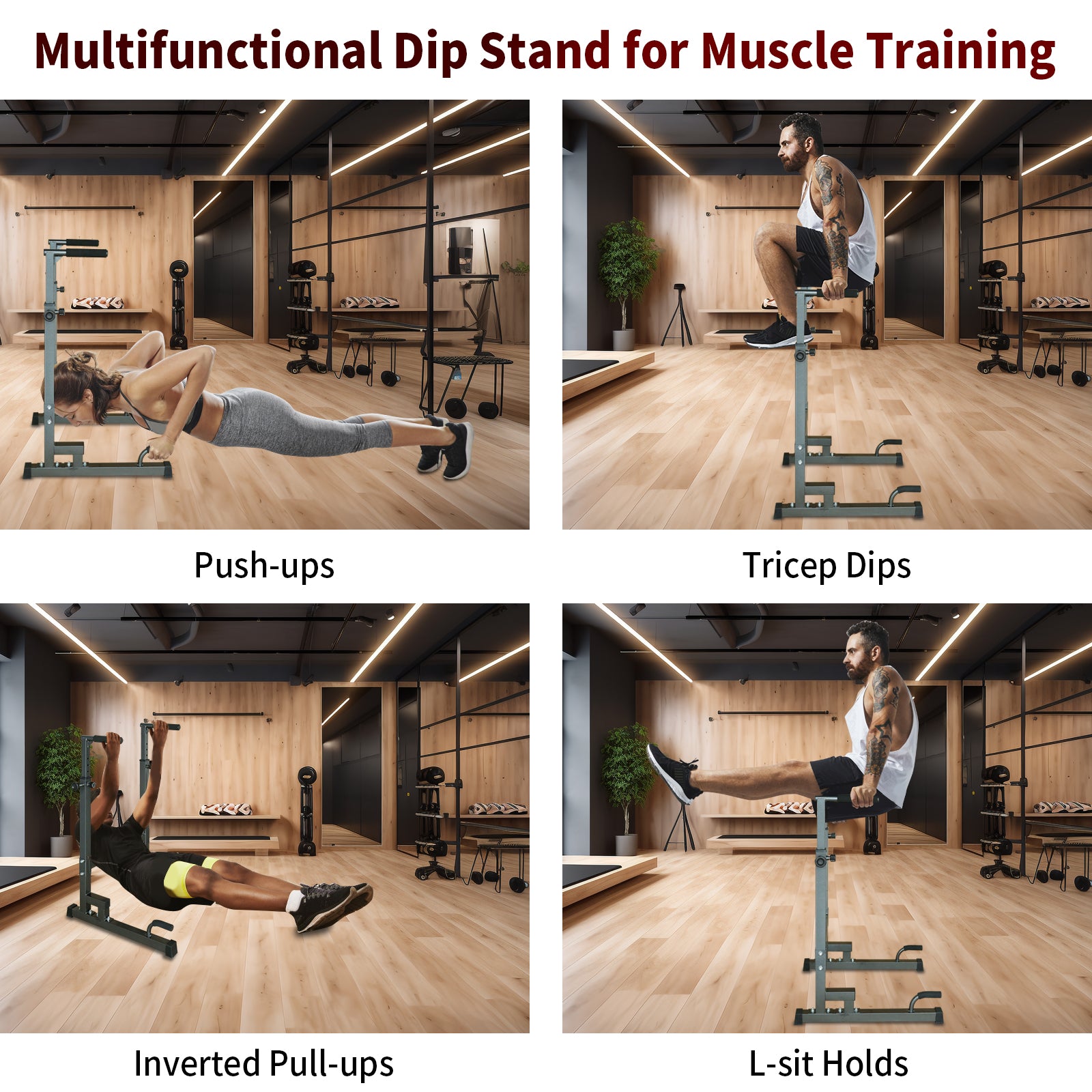 Woman performing pushups on a gray steel multifunctional dip stand in a gym