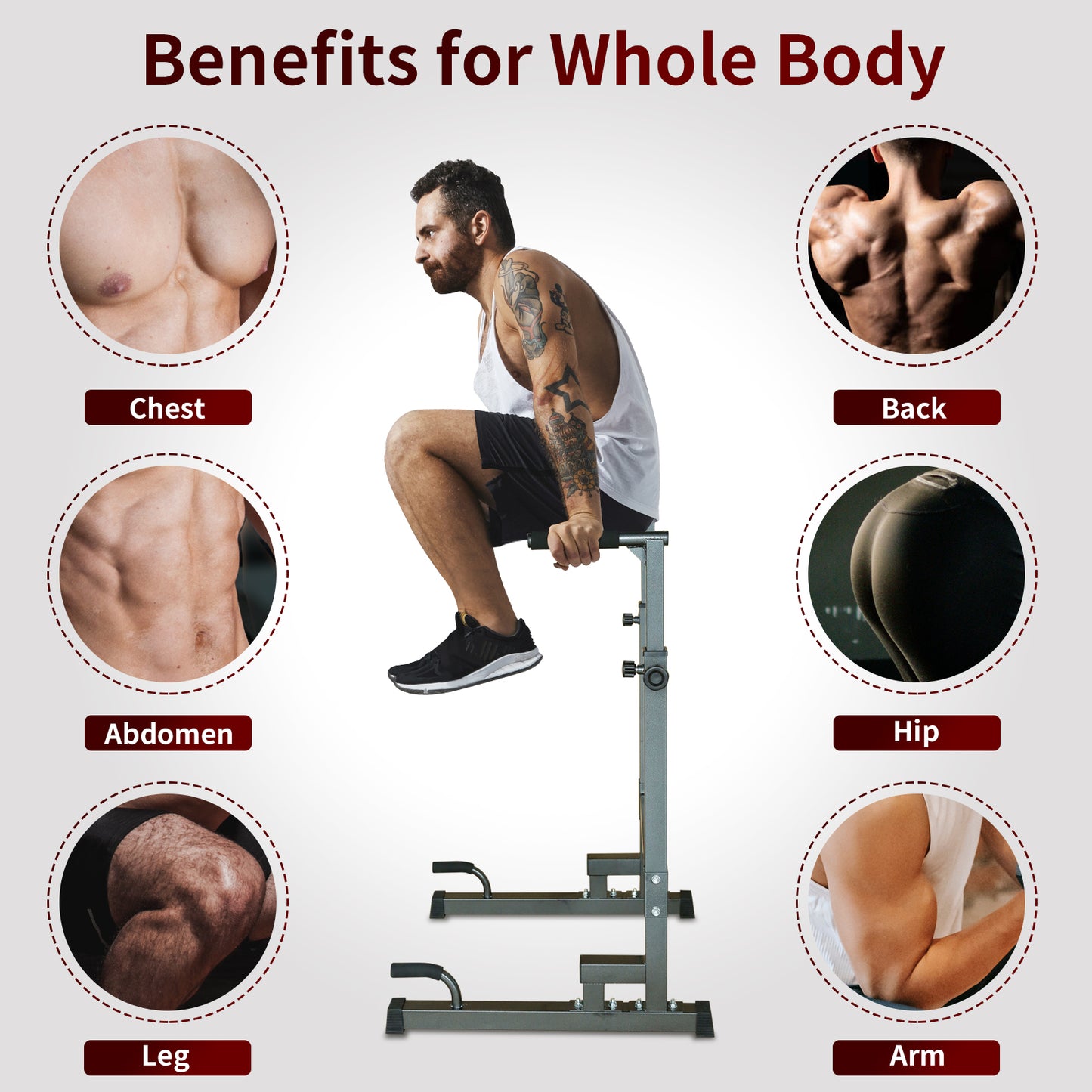 Muscular male chest definition from weight training exercise on dip station