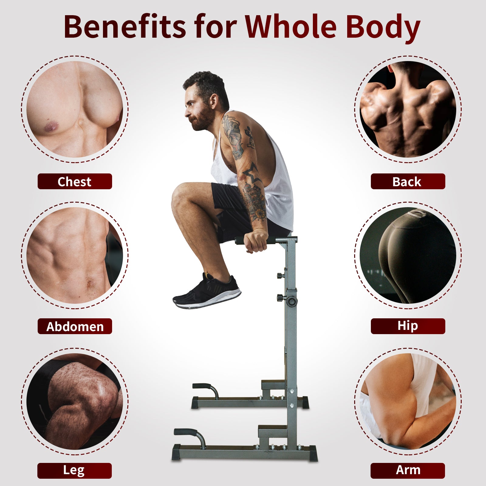 Muscular male chest definition from weight training exercise on dip station