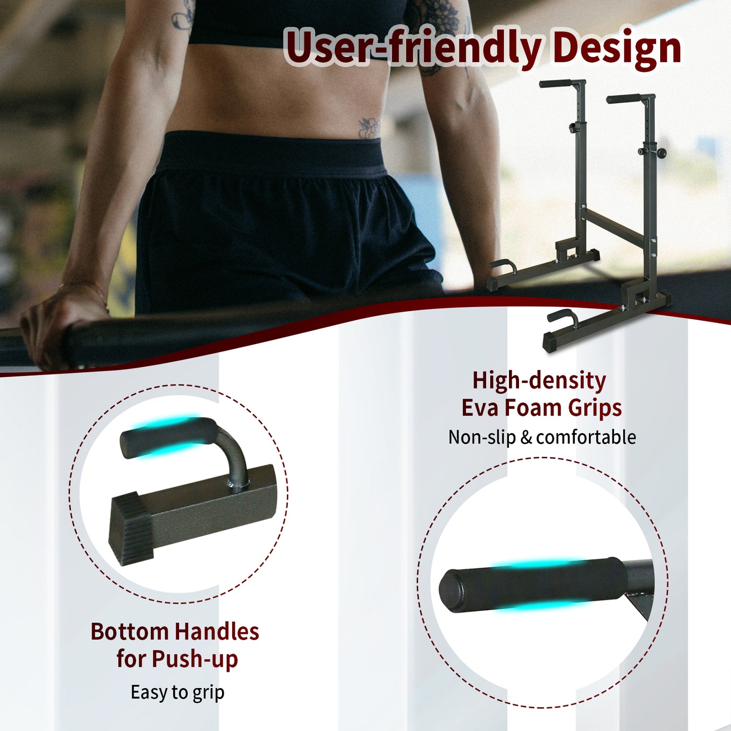 Durable black steel power tower with ergonomic grips for home workouts
