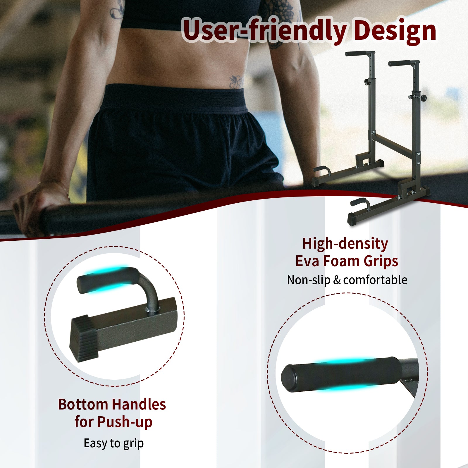 Durable black steel power tower with ergonomic grips for home workouts